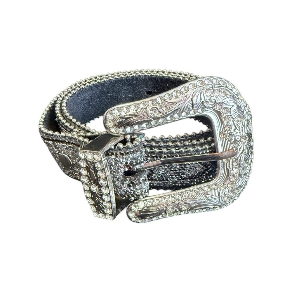 Womens Silver Rhinestone Western Belt Genuine Leather Crystal Buckle M/L 6529